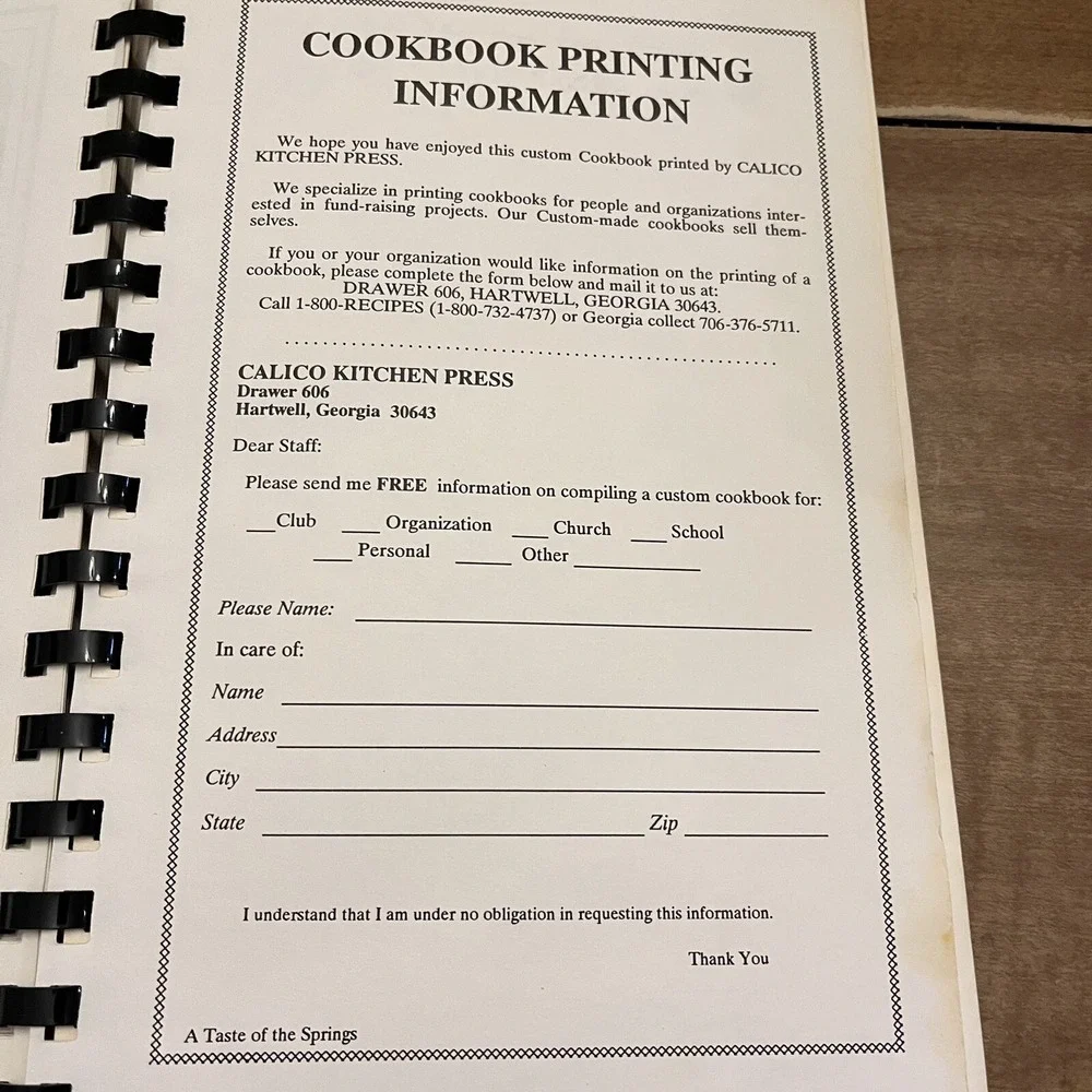 VTG A Taste of The Springs Cookbook Franklin Springs Georgia Church 1994 Comb